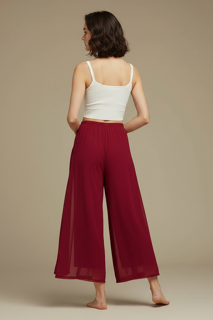 Pantalon Jupe Rouge Fluide Fendu Chiffon Léger - Bordeaux Polyester - vue 2