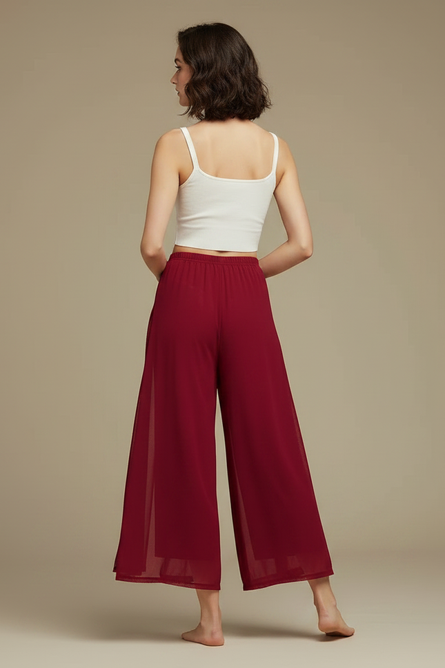 Pantalon Jupe Rouge Fluide Fendu Chiffon Léger - Bordeaux Polyester - vue 2