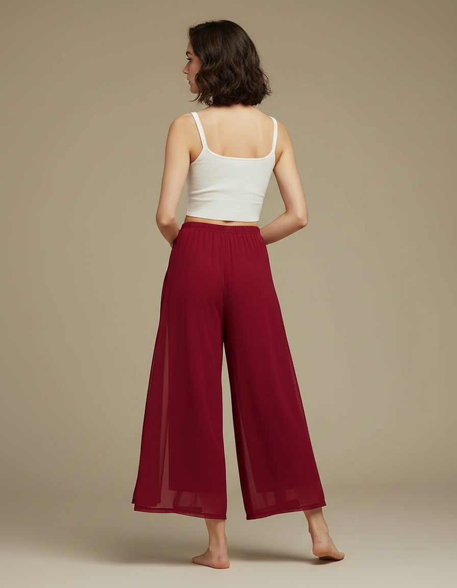 Pantalon Jupe Rouge Fluide Fendu Chiffon Léger - Bordeaux Polyester - vue 2