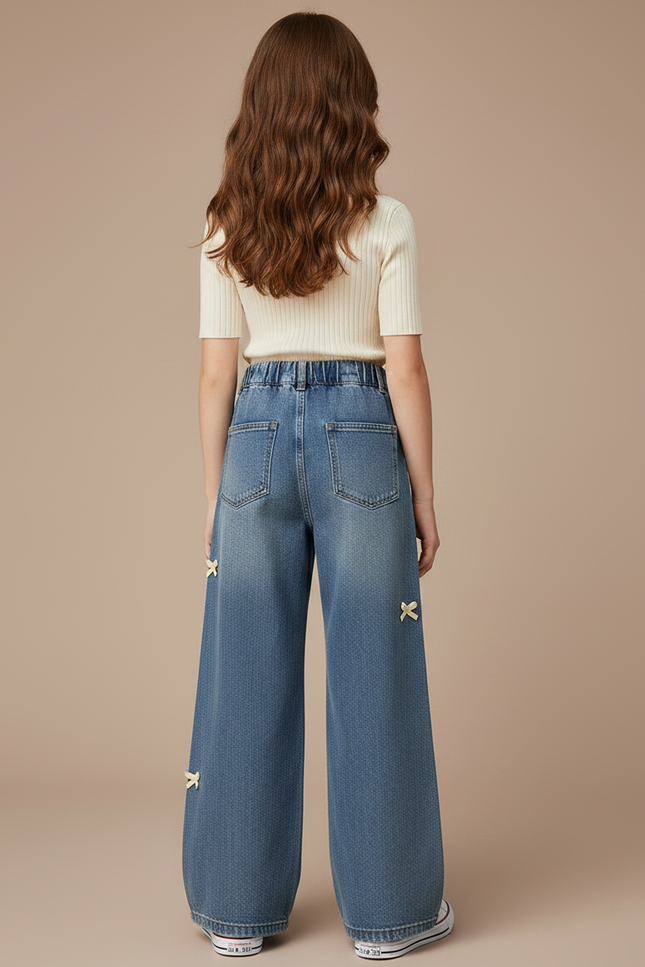 Pantalon Jupe Jeans Ample Nœuds Décoratifs Fille - Bleu - vue 2