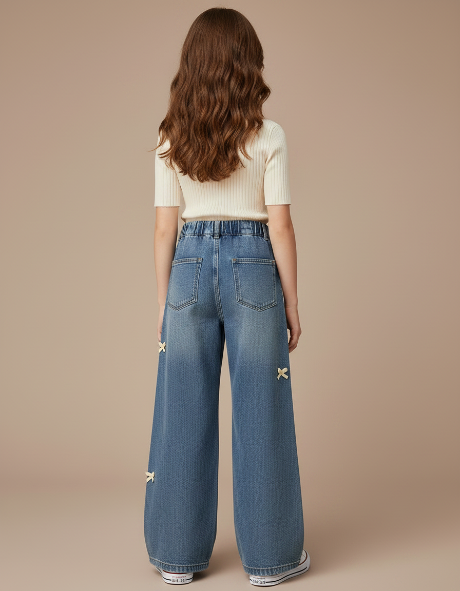Pantalon Jupe Jeans Ample Nœuds Décoratifs Fille - Bleu - vue 2