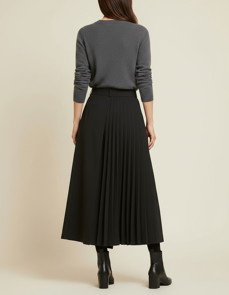 Pantalon Jupe Noir Plissé Ample Asymétrique Élégant - Polyester - vue 2