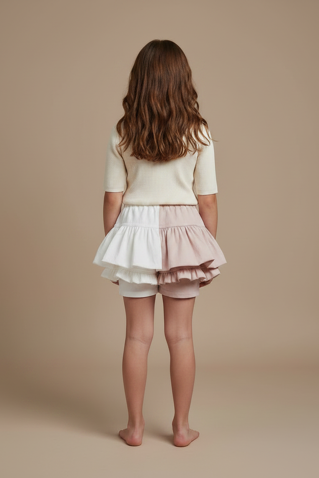 Pantalon Jupe Bicolore Volants Franges Nœuds Fille - Multicolore Lin - vue 2