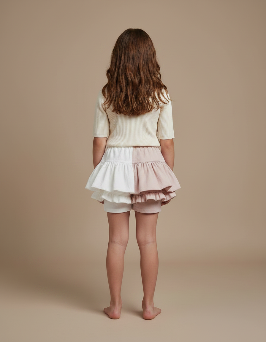Pantalon Jupe Bicolore Volants Franges Nœuds Fille - Multicolore Lin - vue 2