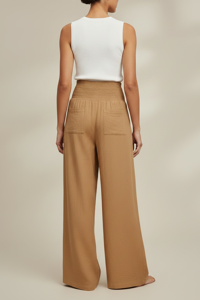 Pantalon Jupe Marron Ample Fluide Smocké Décontracté - Lin - vue 2