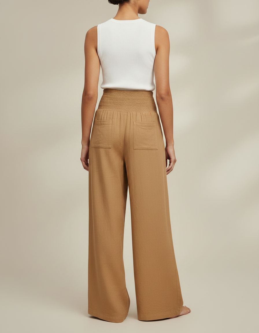 Pantalon Jupe Marron Ample Fluide Smocké Décontracté - Lin - vue 2