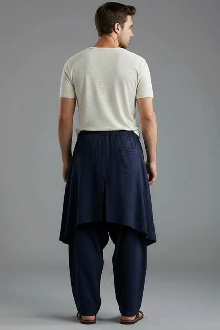 Pantalon Jupe Ample Coton Lin Bleu Marine - vue 2
