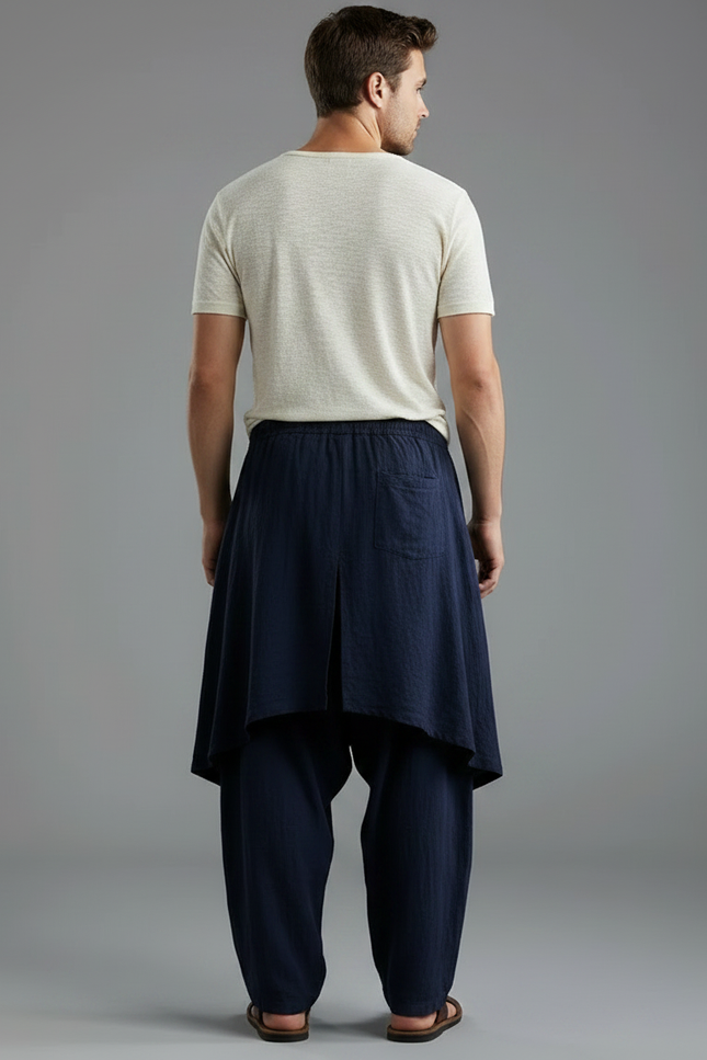 Pantalon Jupe Ample Coton Lin Bleu Marine - vue 2