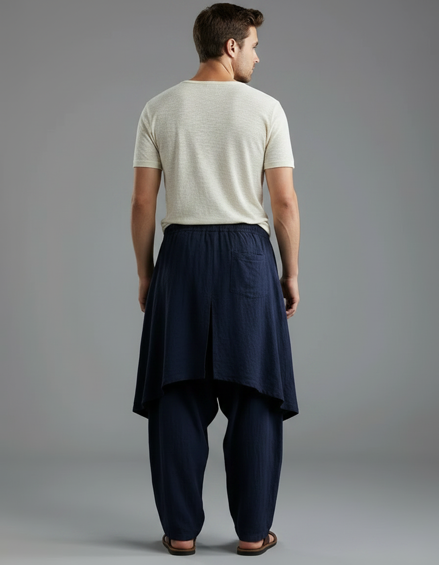 Pantalon Jupe Ample Coton Lin Bleu Marine - vue 2