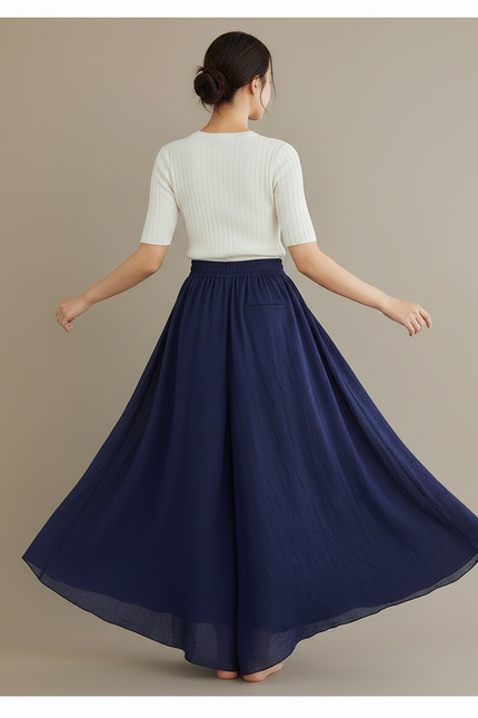 Pantalon Jupe Ample Coton Lin Bleu Marine Fluide - vue 2