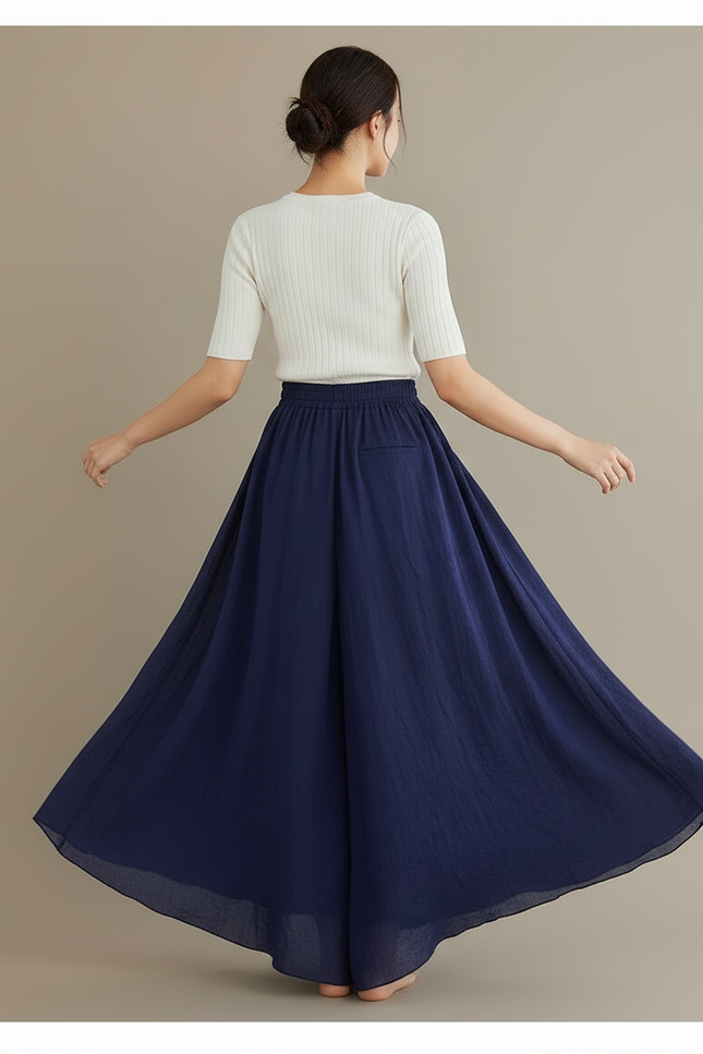 Pantalon Jupe Ample Coton Lin Bleu Marine Fluide - vue 2