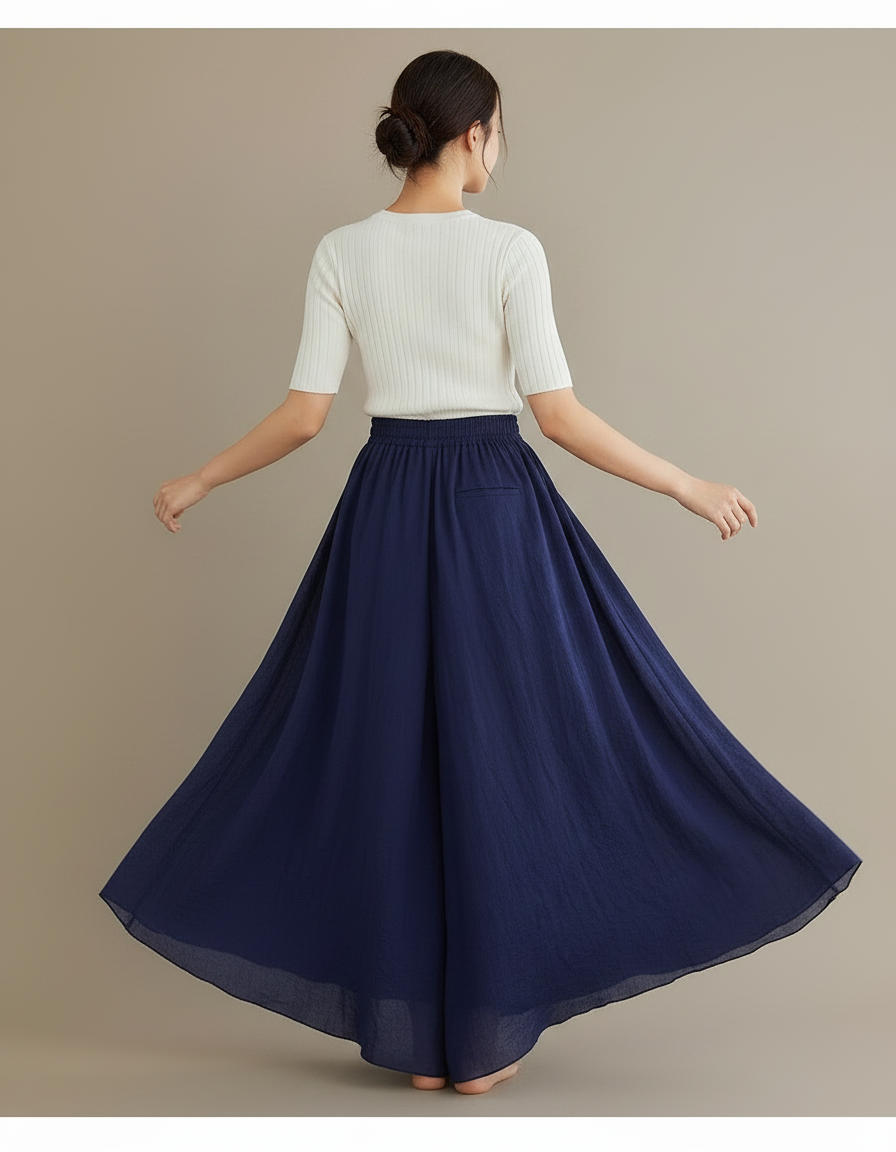 Pantalon Jupe Ample Coton Lin Bleu Marine Fluide - vue 2