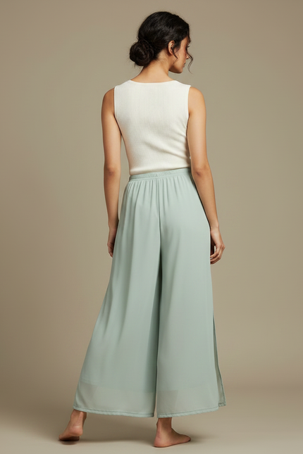Pantalon Jupe Vert Menthe Fluide Fendu Chiffon Léger - Polyester - vue 2