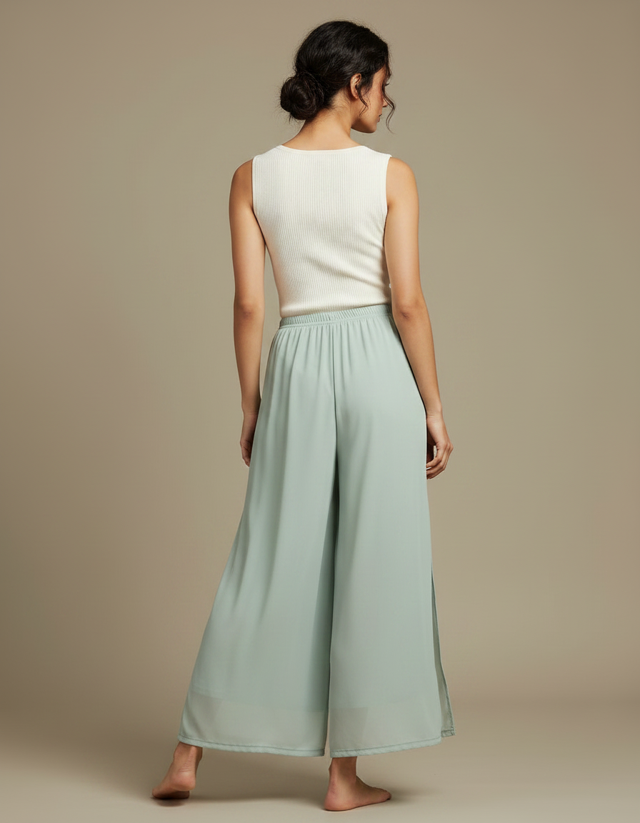 Pantalon Jupe Vert Menthe Fluide Fendu Chiffon Léger - Polyester - vue 2