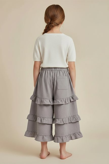 Pantalon Jupe Gris Volants Superposés Ample Fille Coton - vue 2