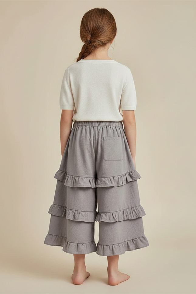 Pantalon Jupe Gris Volants Superposés Ample Fille Coton - vue 2