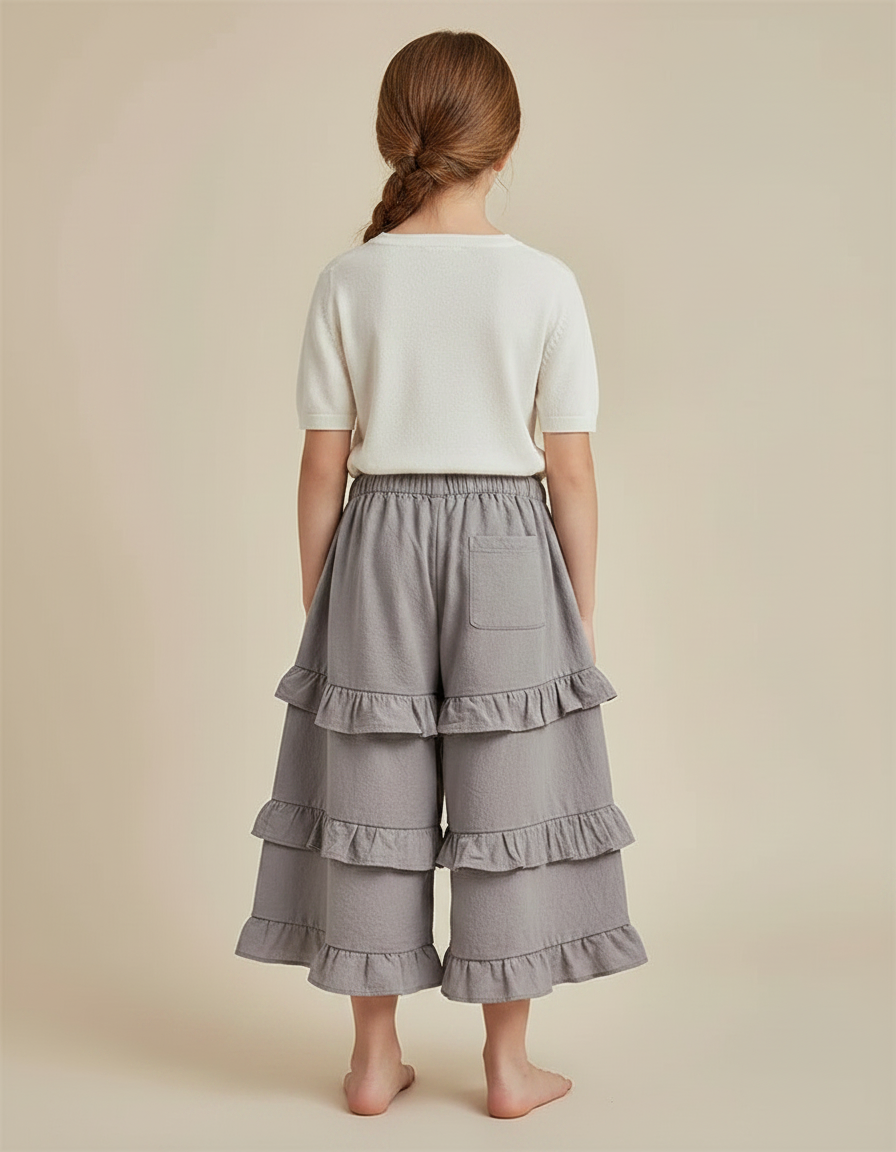 Pantalon Jupe Gris Volants Superposés Ample Fille Coton - vue 2