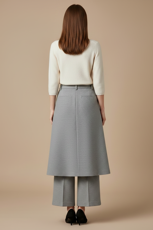Pantalon Jupe Gris Laine Ample Élégant Bureau - vue 2