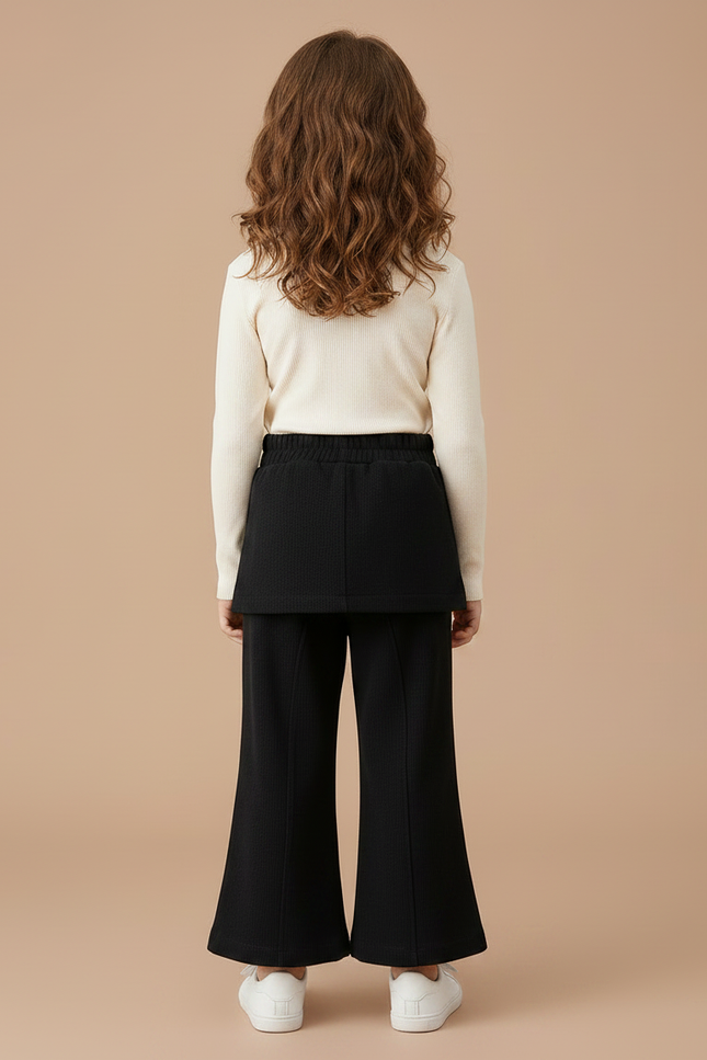 Pantalon Jupe Noir Évasé Côtelé Fleur Fille - Cordé - vue 2
