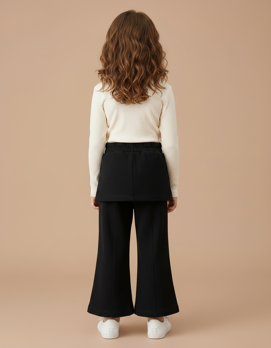 Pantalon Jupe Noir Évasé Côtelé Fleur Fille - Cordé - vue 2