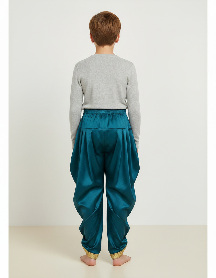 Pantalon Jupe Vert Sarcelle Satiné Drapé Doré Enfant - vue 2