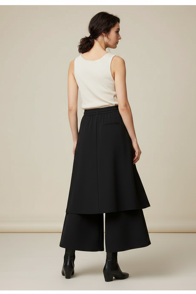 Pantalon Jupe Noir Superposé Ample Fluide Élégant - Polyester - vue 2