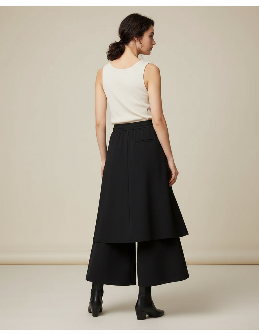 Pantalon Jupe Noir Superposé Ample Fluide Élégant - Polyester - vue 2