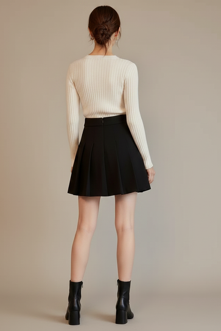 Pantalon Jupe Noir Plissé Nœud Élégant Court - Polyester - vue 2