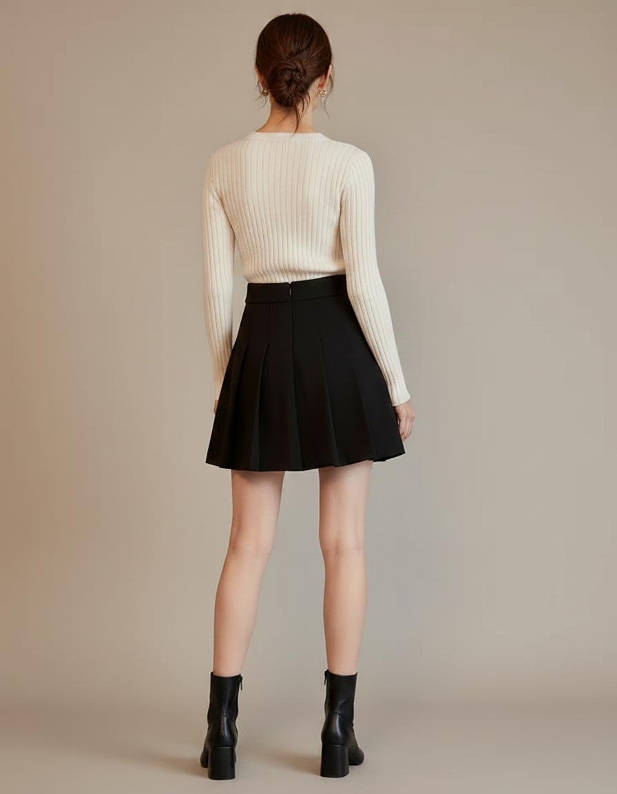 Pantalon Jupe Noir Plissé Nœud Élégant Court - Polyester - vue 2