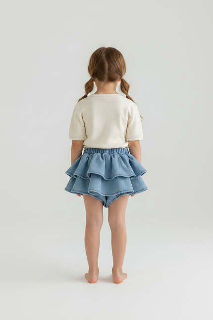 Pantalon Jupe Denim Bleu Volants Superposés Enfant Mignon - Jean - vue 2