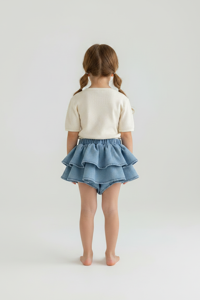 Pantalon Jupe Denim Bleu Volants Superposés Enfant Mignon - Jean - vue 2