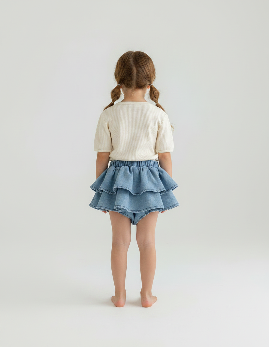 Pantalon Jupe Denim Bleu Volants Superposés Enfant Mignon - Jean - vue 2