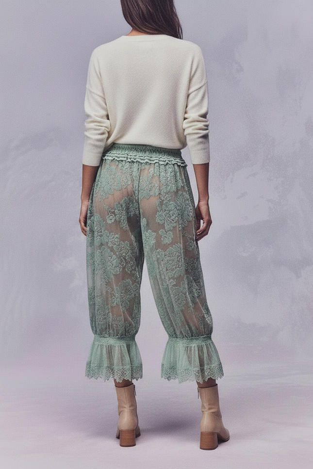 Pantalon Jupe Vert Dentelle Transparente Fluide Bouffant - Polyester - vue 2