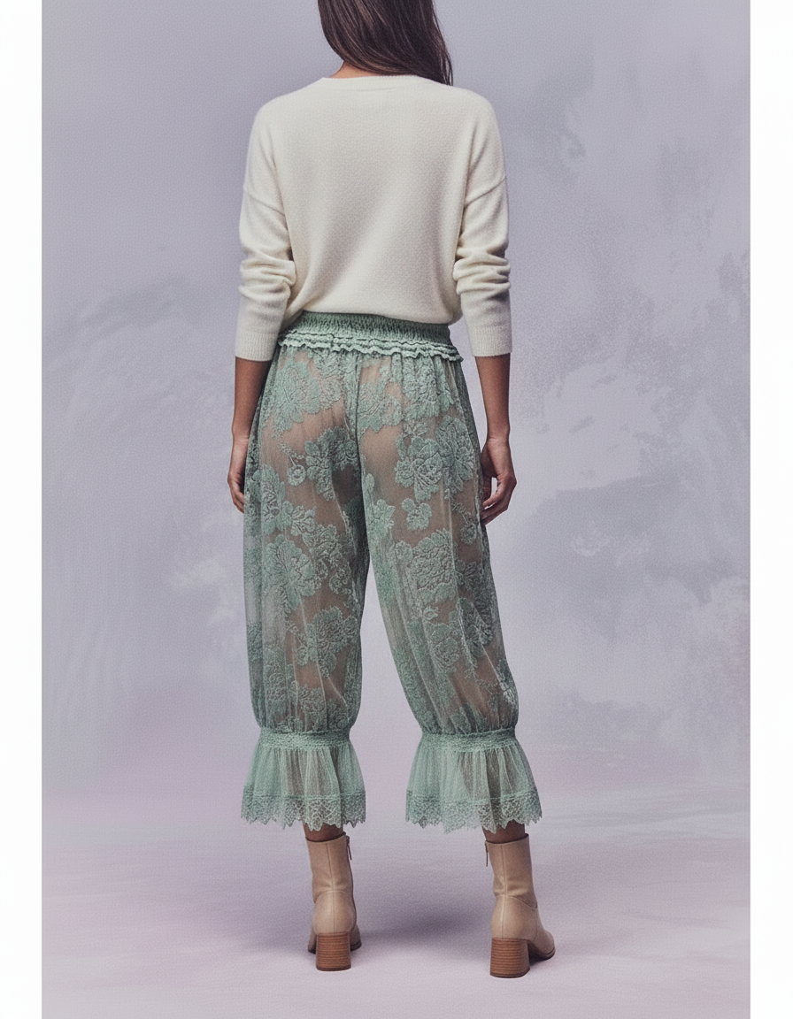 Pantalon Jupe Vert Dentelle Transparente Fluide Bouffant - Polyester - vue 2
