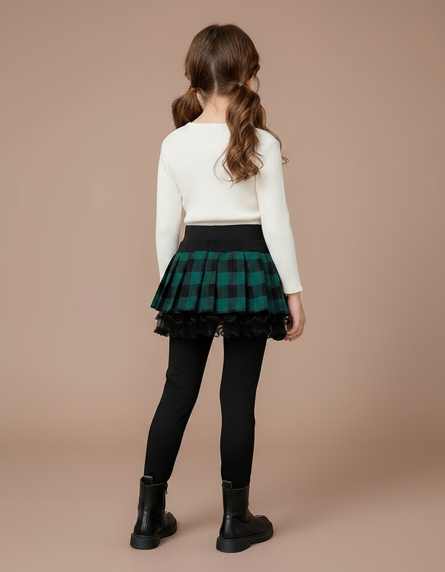 Pantalon Jupe Carreaux Vert Plissé Chaud Fille - Noir Maille - vue 2