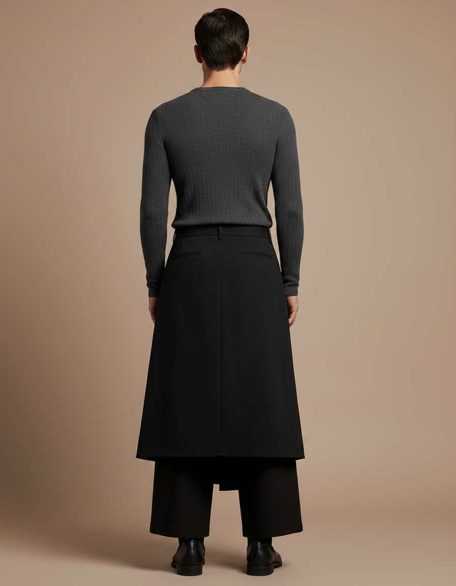 Pantalon Jupe Noir Asymétrique Plissé Chaîne Samurai - Gabardine - vue 2