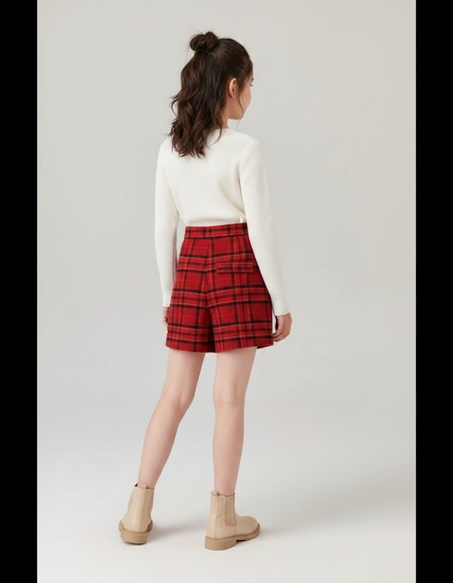 Pantalon Jupe Écossais Rouge Fille Hiver Élégant - Laine - vue 2
