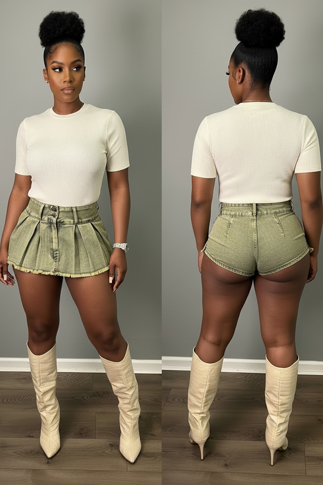 Pantalon Jupe Plissé Denim Vert Effilé Taille Haute - Kaki Jean - vue 2