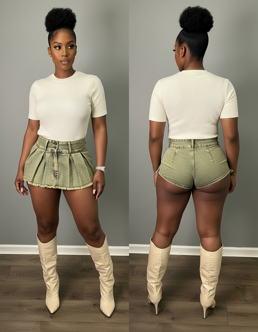 Pantalon Jupe Plissé Denim Vert Effilé Taille Haute - Kaki Jean - vue 2