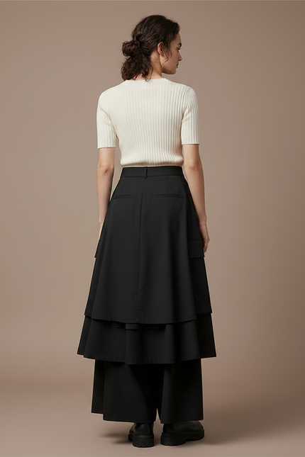 Pantalon Jupe Noir Ample Cargo Urbain Évasé - Polyester - vue 2