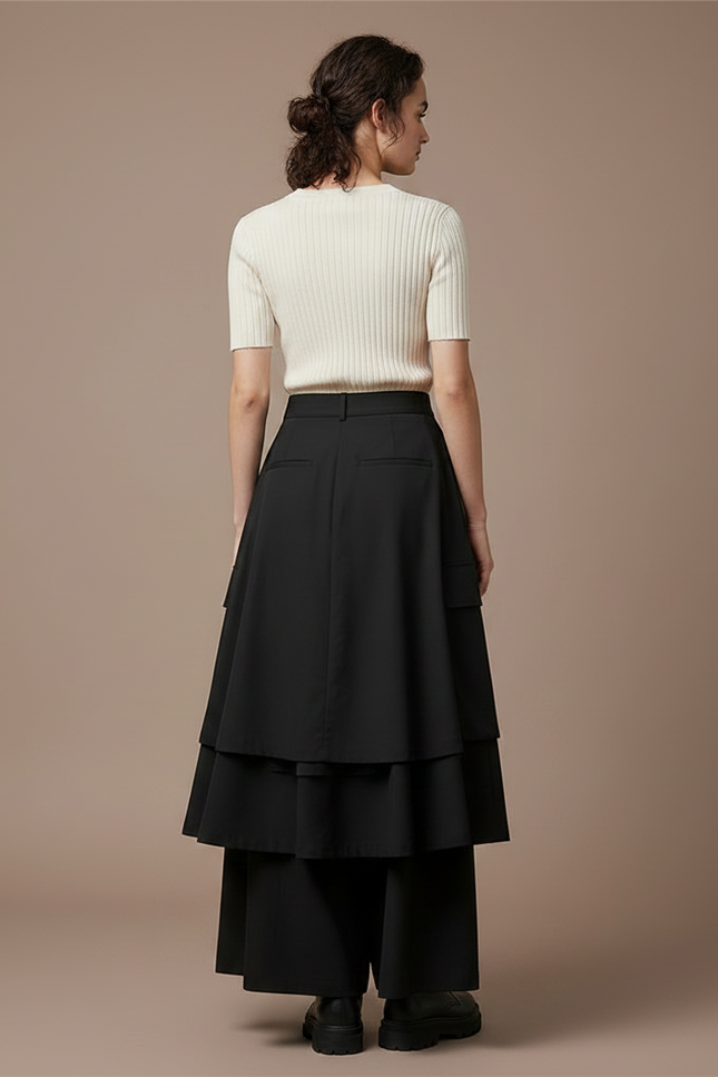 Pantalon Jupe Noir Ample Cargo Urbain Évasé - Polyester - vue 2