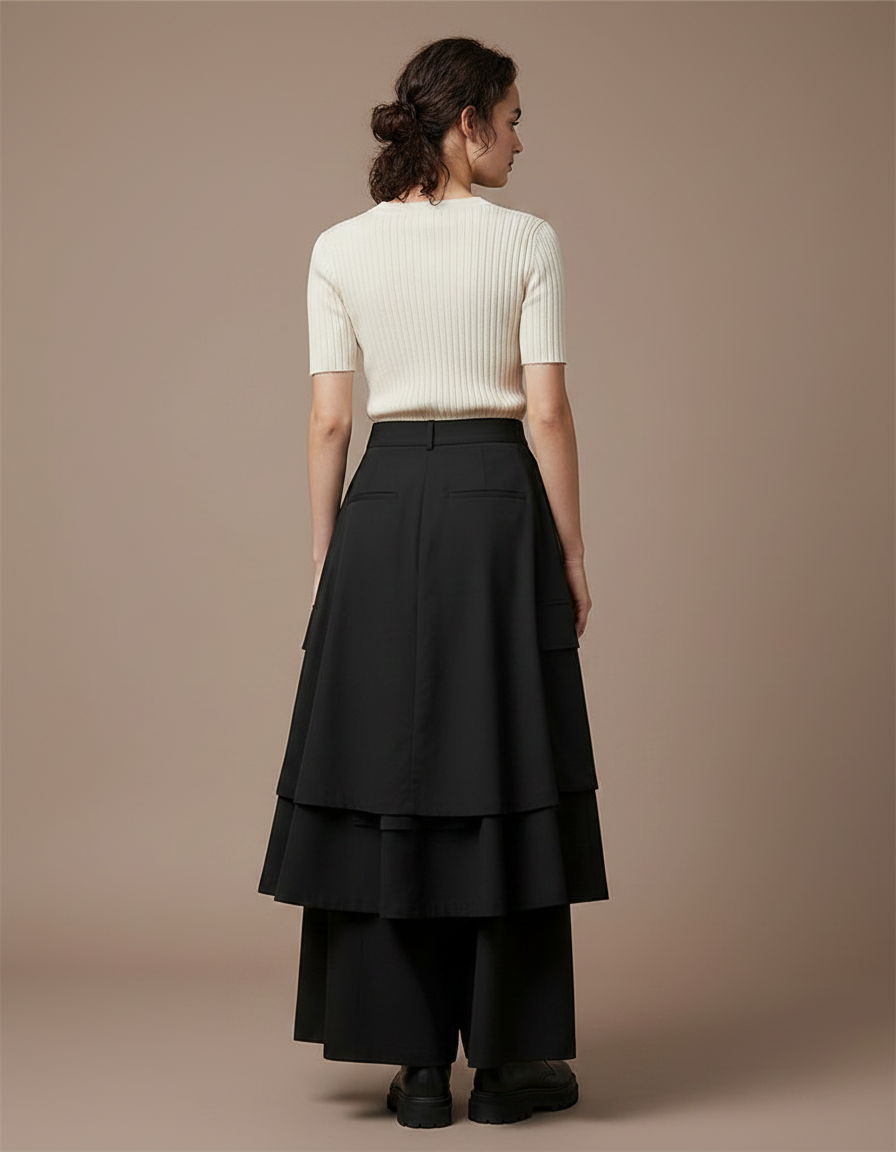 Pantalon Jupe Noir Ample Cargo Urbain Évasé - Polyester - vue 2