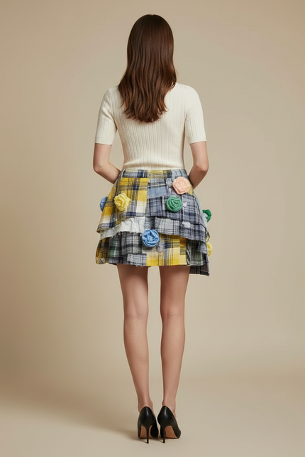 Pantalon Jupe Denim Plaid Déstructuré Mini Fleurs - Multicolore Jean - vue 2