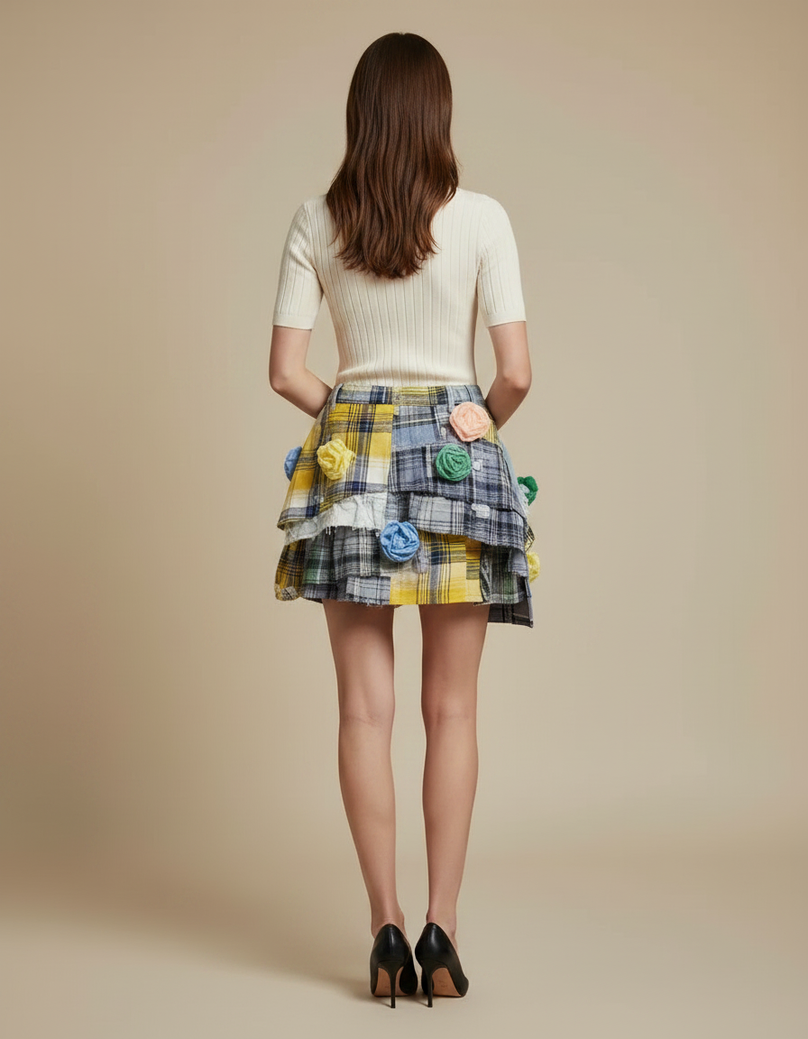 Pantalon Jupe Denim Plaid Déstructuré Mini Fleurs - Multicolore Jean - vue 2