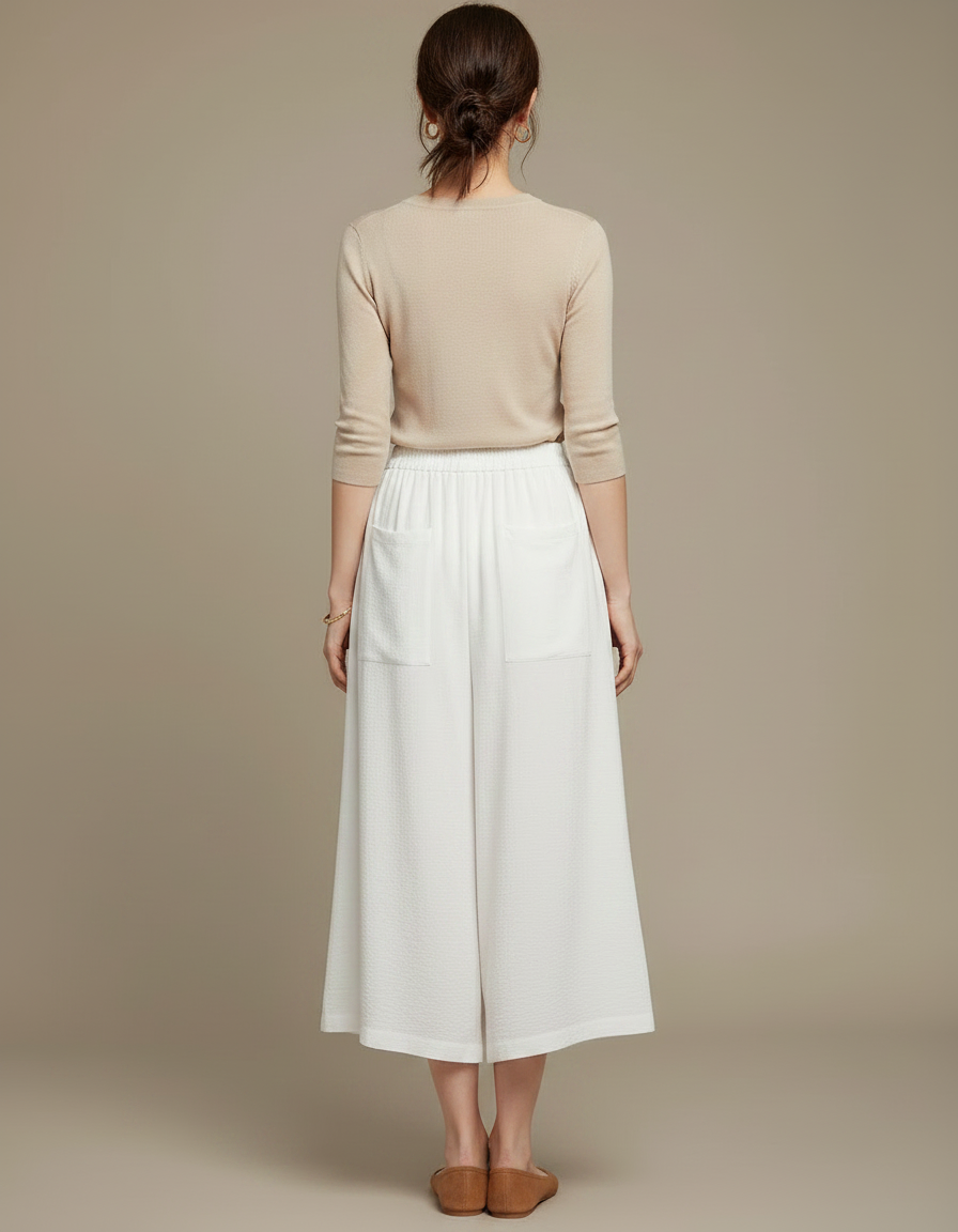 Pantalon Jupe Blanc Fluide Ample Superposé Confortable - Lin - vue 2
