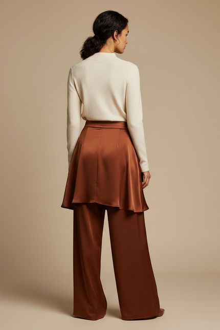 Pantalon Jupe Marron Satiné Fluide Superposé Élégant - vue 2