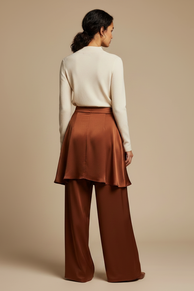 Pantalon Jupe Marron Satiné Fluide Superposé Élégant - vue 2