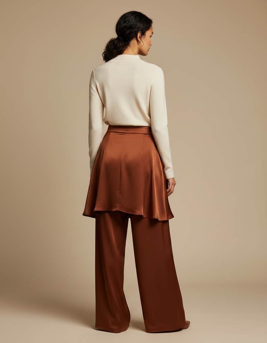 Pantalon Jupe Marron Satiné Fluide Superposé Élégant - vue 2