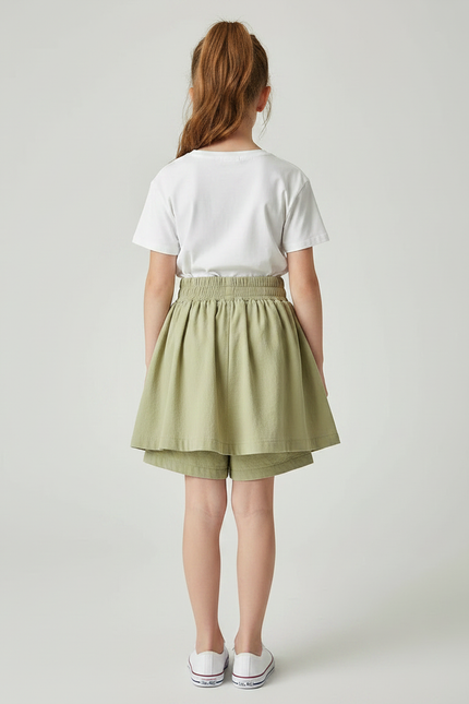 Pantalon Jupe Vert Plissé Ample Enfant Coton - Kaki - vue 2