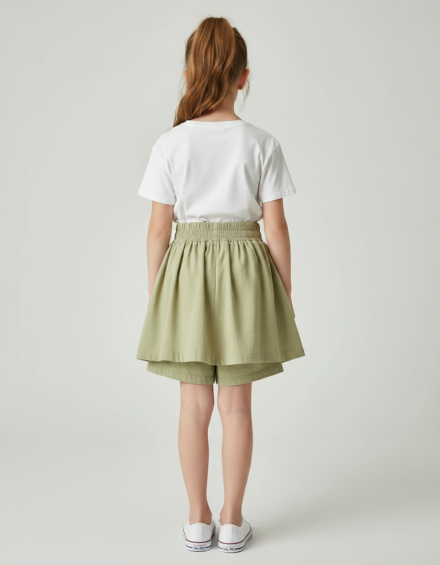Pantalon Jupe Vert Plissé Ample Enfant Coton - Kaki - vue 2